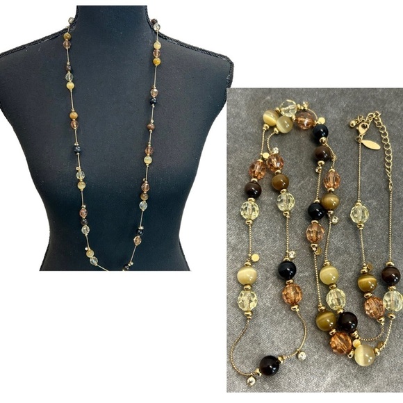 LATASIA black tan brown cream gold tone long beaded necklace - Picture 1 of 10